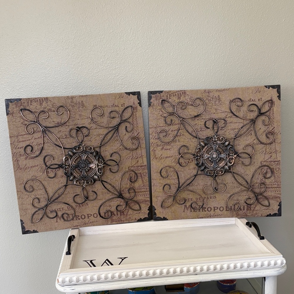 15” PAIR Paris French Metal Scroll Burlap Art Pictures Farmhouse Shabby Chic